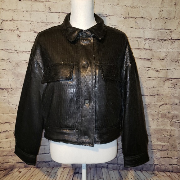 NWT Zara Black Sequin Moto Style Jacket Lined - Picture 2 of 8